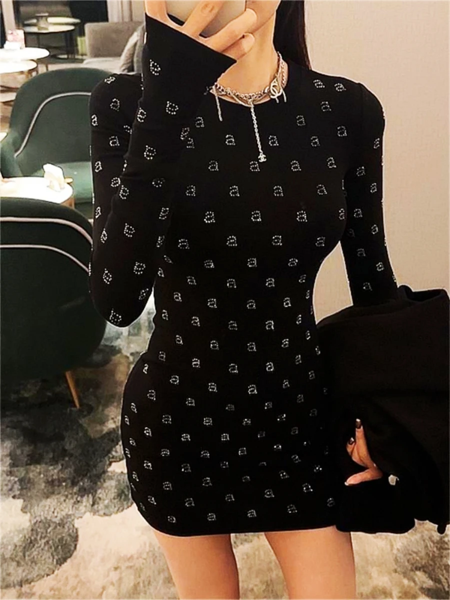 Top Trends: AW Wang Diamond A Letter Slim Fit Stretch Black Long Sleeve Short Skirt For Women Evening Party Dress Vestidos Midi Clothing Shoppable Styles