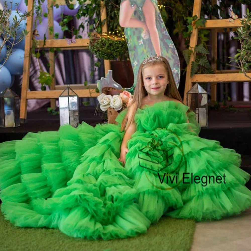 Top Trends: Green Tiered Flower Girls Dresses With Crystal 2023 Summer New Sweep Train Christmas Gowns New Zipper Back فلور فتاة اللباس Shoppable Styles - Image 4