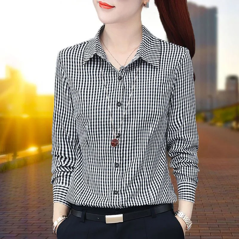 Top Trends: Fashion Lapel Button Loose Casual Lattice Shirt Women Clothing 2023 Autumn New Oversized All-match Tops Commute Blouse Shoppable Styles