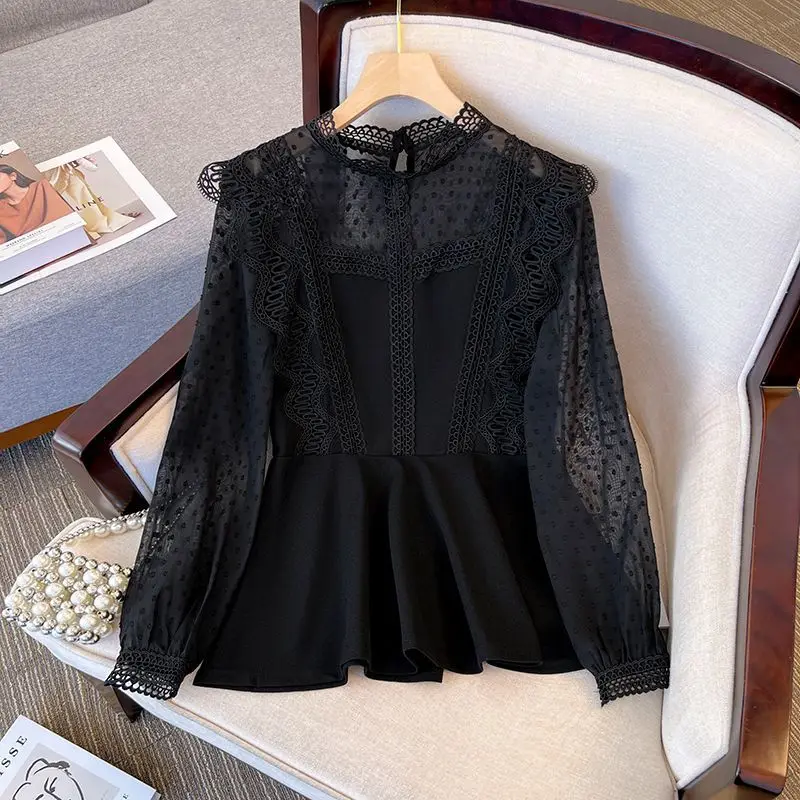 Top Trends: Spring New Chiffon Lace Patchwork Black Blouse Long Sleeve O-Neck Solid Color Loose Shirt Tops Fashion Elegant Women Clothing Shoppable Styles