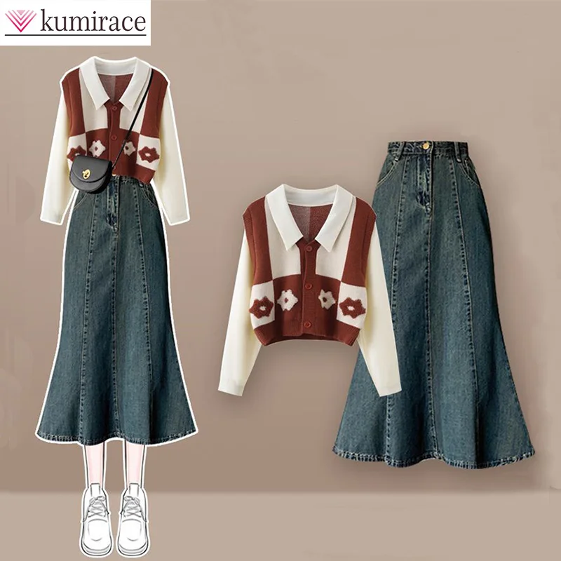 Top Trends: Autumn Set Women&#039;s 2023 New Salt Style Wear Fashion Fake Two Piece Top Slim Denim Fish Tail Skirt Two Piece Setnew In Matching S Shoppable Styles