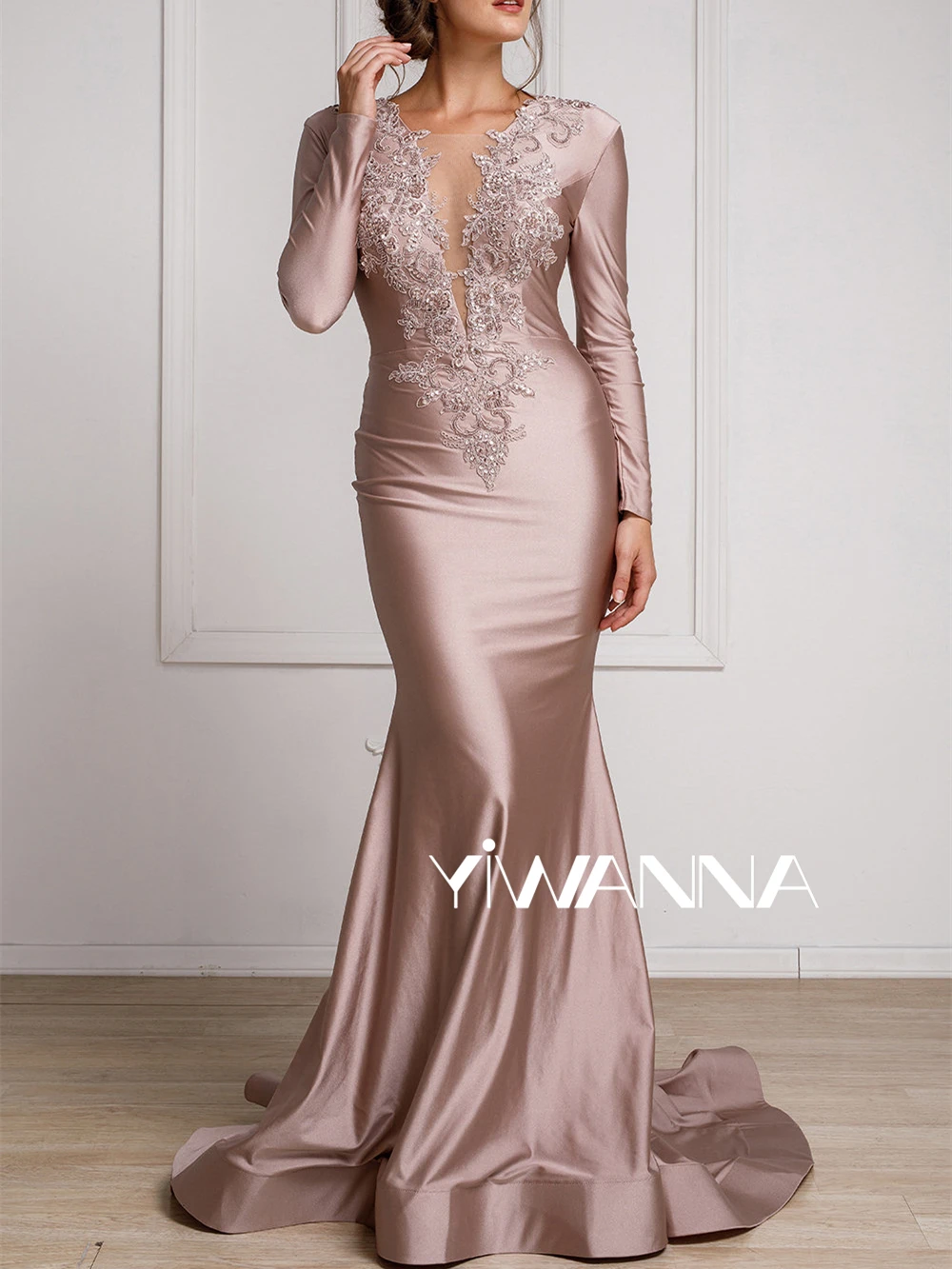 Top Trends: Rose Long Sleeve Beaded Mother Of The Bride Dress V Neck Elegant Satin Mermaid Wedding Party Gown Prom Dresses For Women Shoppable Styles