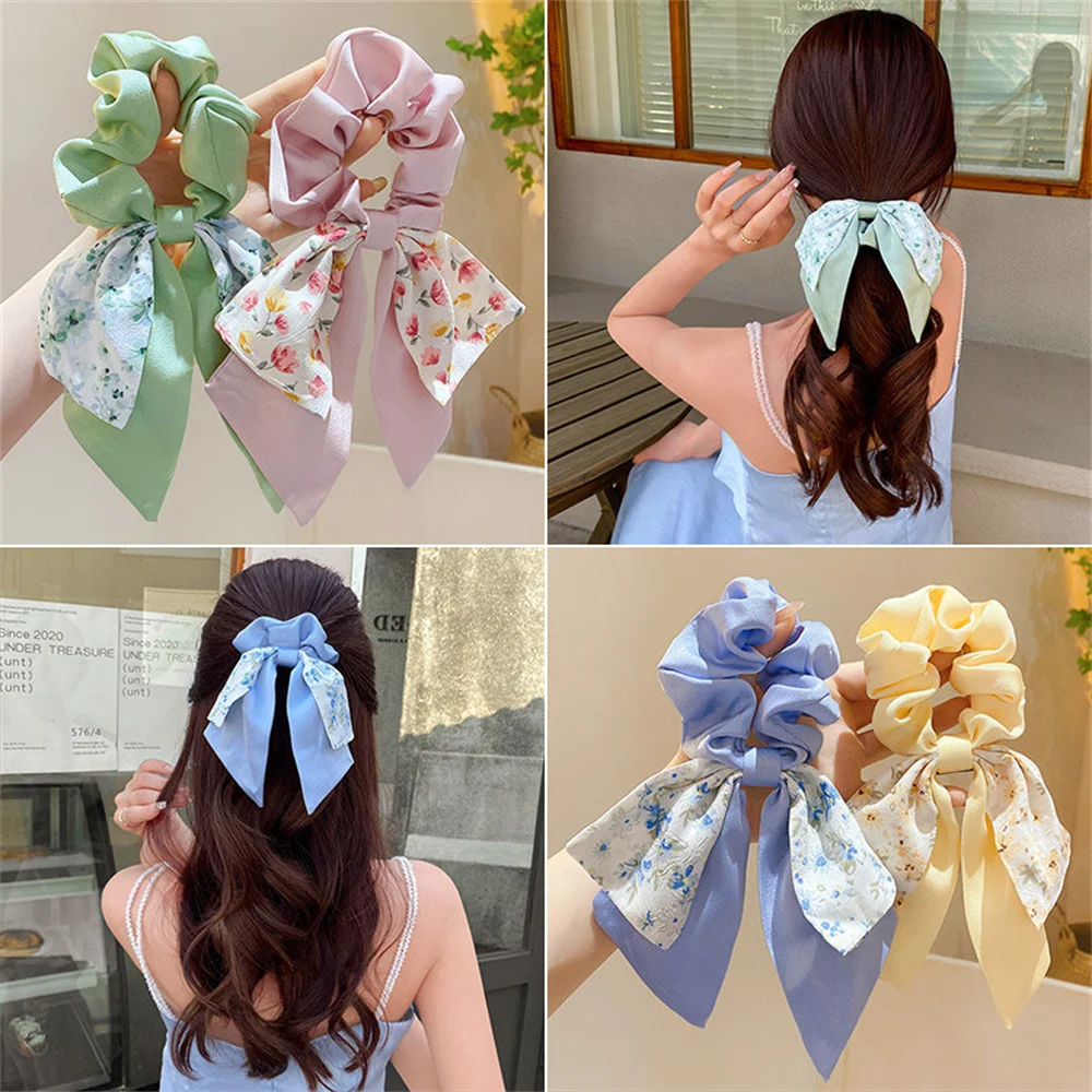 Top Trends: Fashion Floral Bowknot Scrunchies Long Ribbon Ponytail Scarf Hair Tie Women Girls Elastic Hair Bands Hair Accessories Shoppable Styles