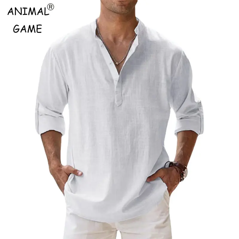 Top Trends: New Men's Cotton Shirts Linen Casual Long Sleeve Button Down Shirt Band Collar Loose Tops M-5XL Shoppable Styles