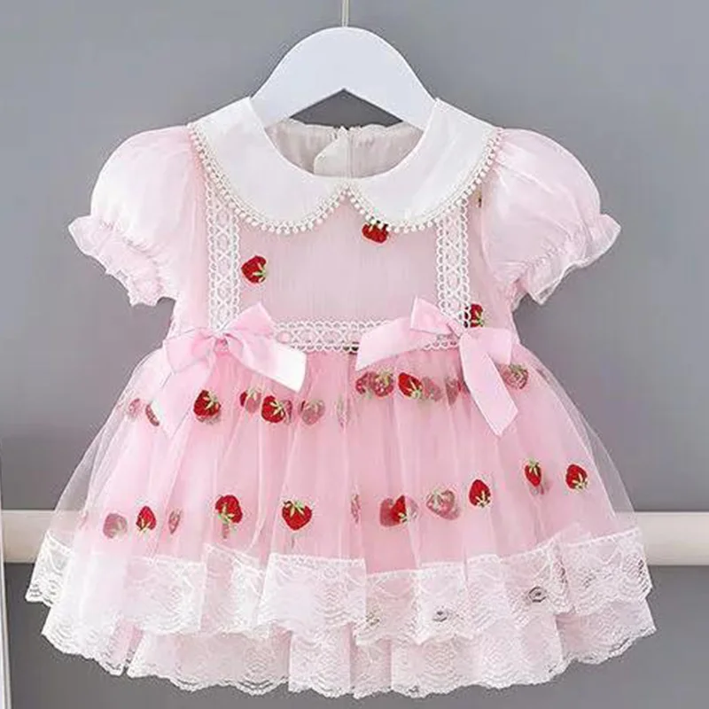 Top Trends: Summer Clothes Girls Party Dress Zipper Patchwork Bow Kids Sweet Crew Neck Strawberry Print Short Sleeve Net Yarn Fluffy Dresses Shoppable Styles