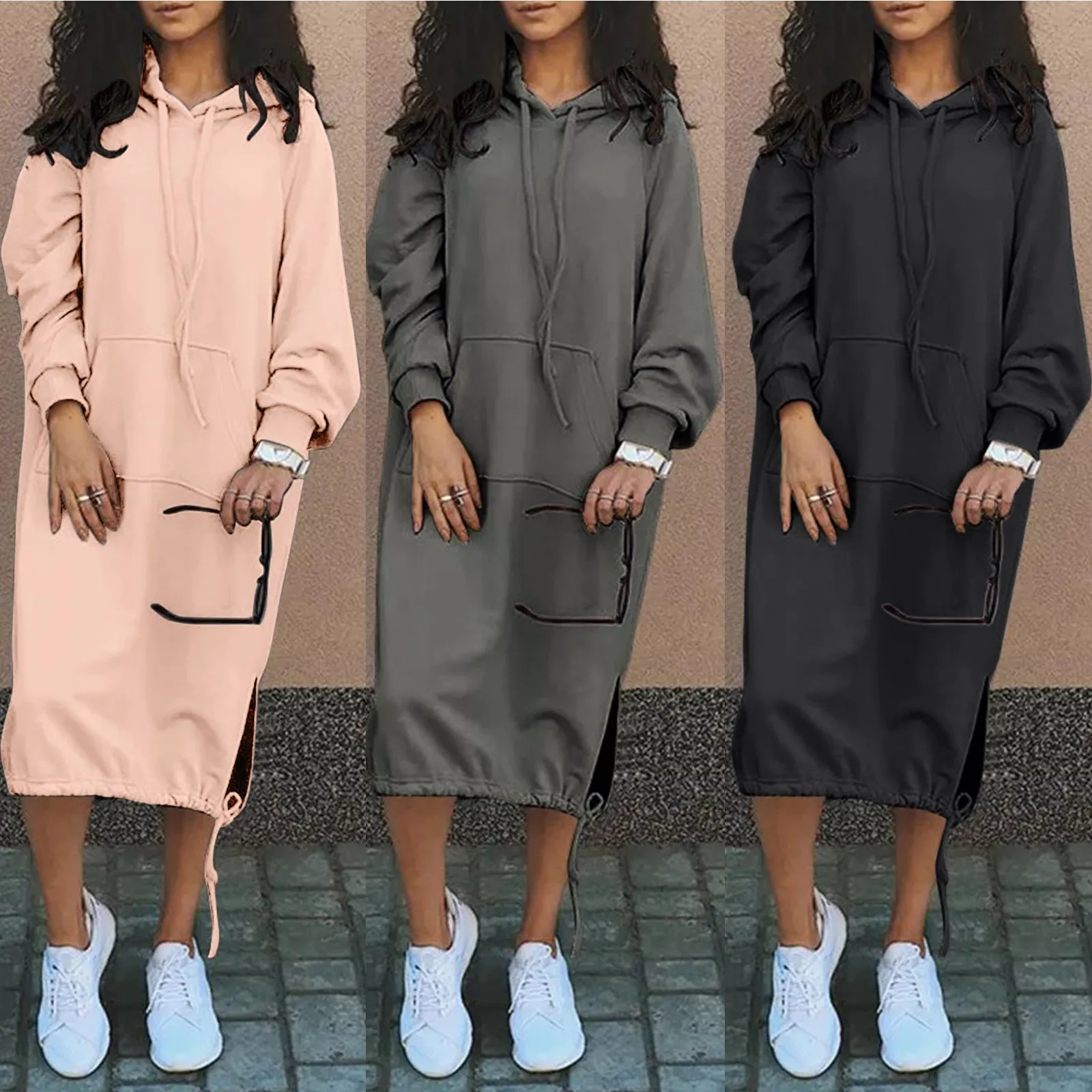 Top Trends: Plus Size Long Hooded Sweatshirts Dress Women Casual Solid Long Sleeve Maxi Dresses Winter Clothes Warmer Vestidos Robe Femme Shoppable Styles