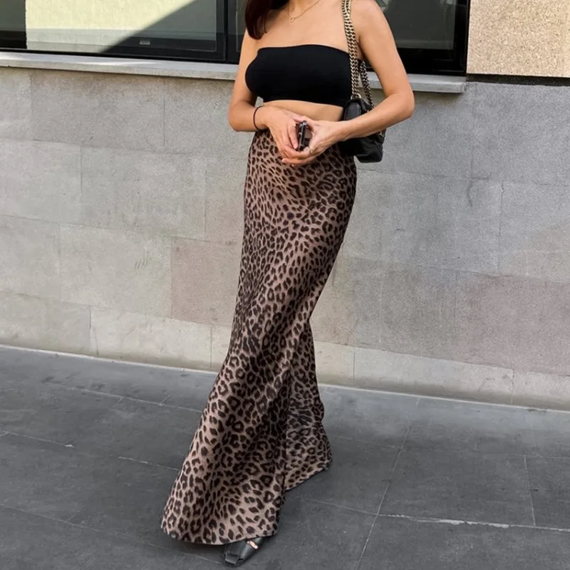 Top Trends: DEEPTOWN Vintage Long Leopard Skirt Women Sexy Streetwear High Waist A-line Slim Print Maxi Mermaid Skirt Summer Party Club Shoppable Styles