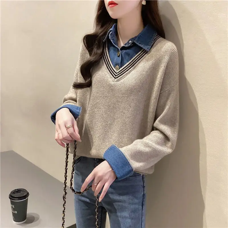 Top Trends: Korean Fashion Denim Knitted Spliced Fake Two Pieces Shirt Women Clothing 2022 Autumn New Commute All-match V-Neck Casual Blouse Shoppable Styles