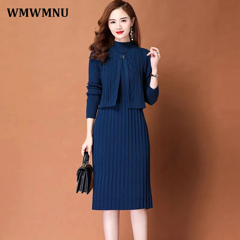 Top Trends: Elegant Thick Knitted Dress 2 Piece Set Women Cropped Vest + Korean Midi Vestido Outfits Winter Warm Sweater Dresses Conjuntos Shoppable Styles