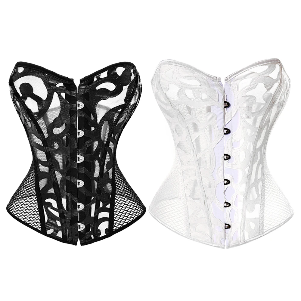 Top Trends: Steampunk Lace Up Overbust Corset Top Black White Hollow Out Mesh Sexy Waist Trainer Bustier Shoppable Styles