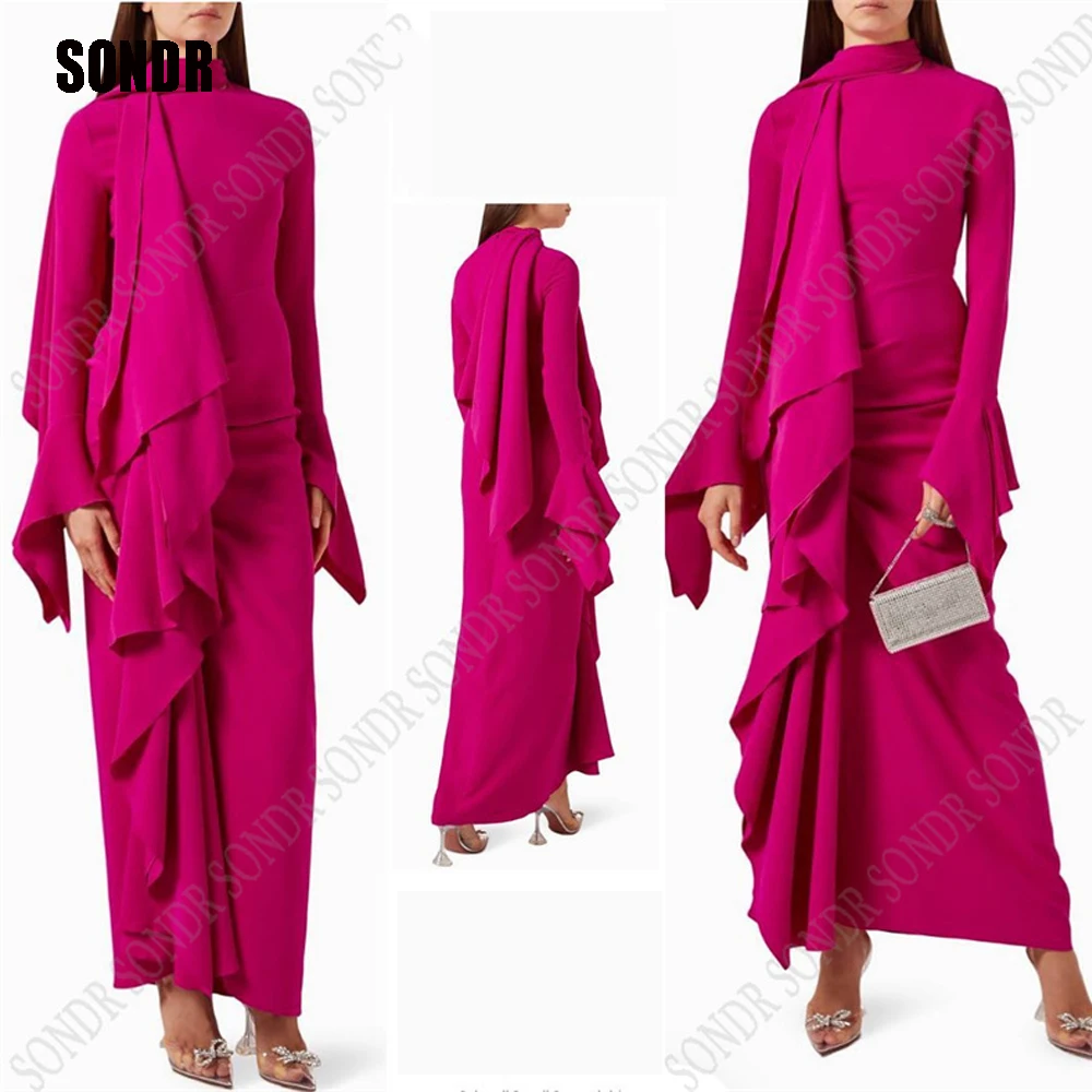 Top Trends: SONDR Modern Fuschia Saudi Arabic Women Prom Dresses Tiered Ankle Length Evening Gowns Full Sleeves Formal Occasion Party Dress Shoppable Styles