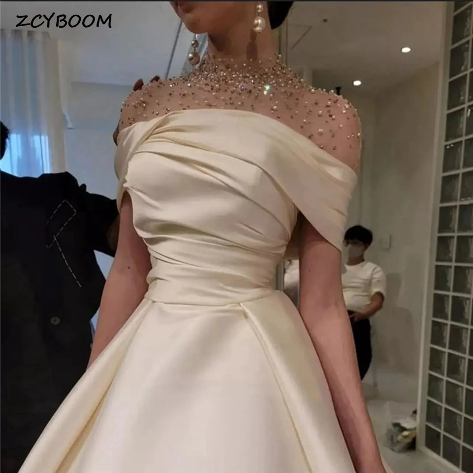 Top Trends: Charming Champagne High-Neck Beaded Short Sleeves Satin Prom Dresses 2023 A-Line Floor Length Zipper Custom Made Bridal Gown Shoppable Styles