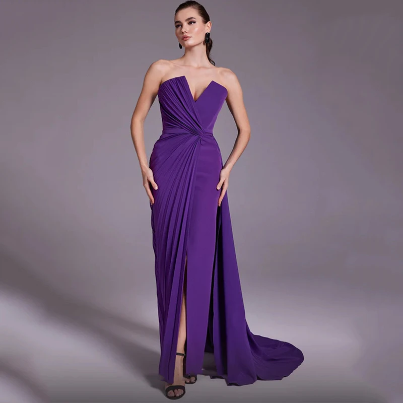 Top Trends: UZN Classic Dark Purple Mermaid Prom Dresses 2023 Scalloped Neck Satin Pleats Evening Gowns Slit Saudi Arabia Party Dress Shoppable Styles