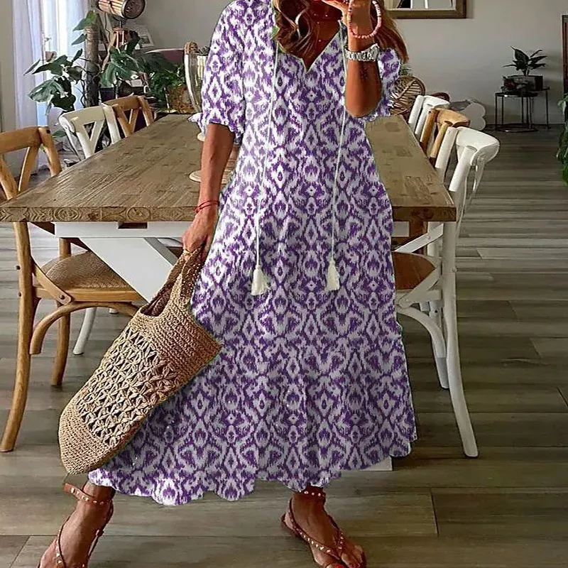 Top Trends: Bohemian Long Dress For Women Summer Vintage Floral Print V Neck Half Sleeve Dresses Female Casual Drawstring Loose Beach Dress Shoppable Styles