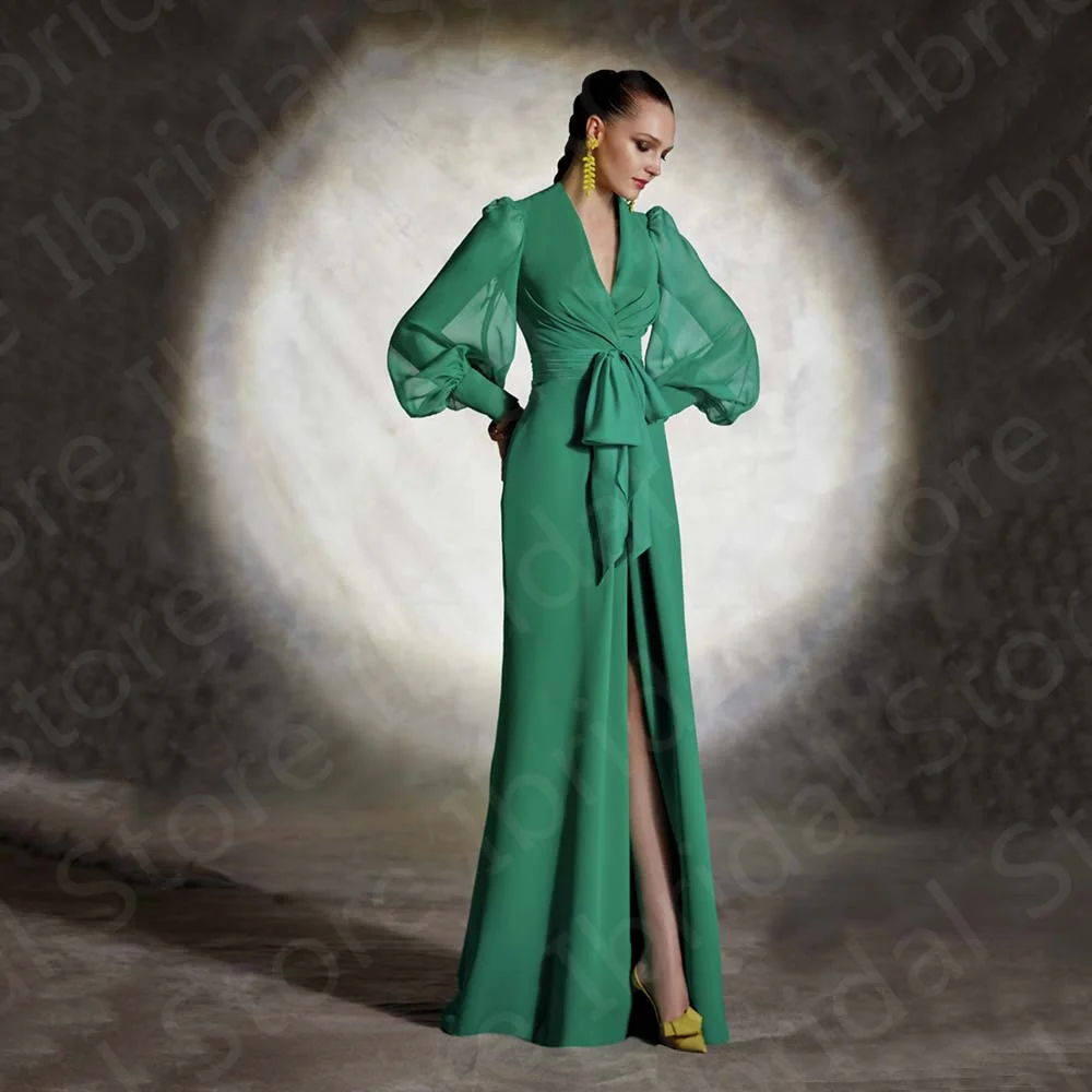 Top Trends: Charming 2023 On Sale Mother Of The Bride Dress Green Long Sleeves Dresses Side Split V Neck Wedding Party Gowns Bow Belt Shoppable Styles