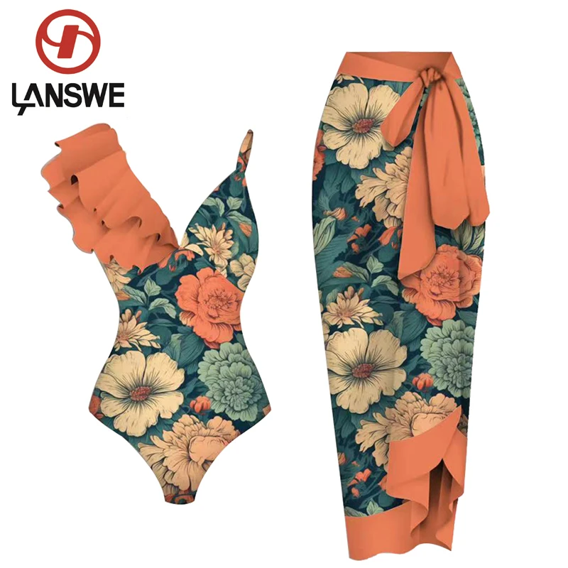 Top Trends: 2023 LANSWE Retro Print Deep V One-Piece Swimsuit One-Piece Women Smock Swimwear Two-Piece Suit Summer Beach Wear OP057 Shoppable Styles