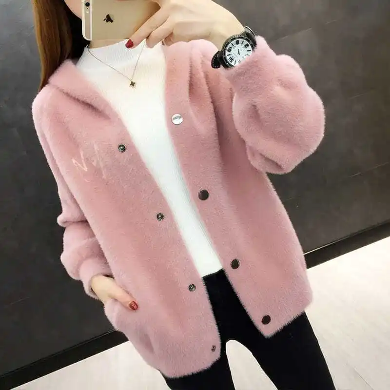 Top Trends: 2022 New Hooded Thick Imitation Mink Fleece Sweater Short Coat Women Knitted Cardigan Tops Shoppable Styles