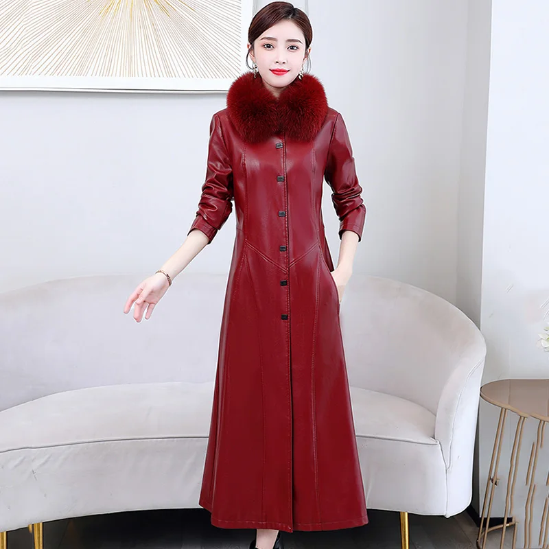 Top Trends: Size M-7XL New Women Leather Coat Autumn Winter 2023 Fashion Fox Fur Collar Plus Cotton Liner Thick Long Slim Leather Jacket Shoppable Styles