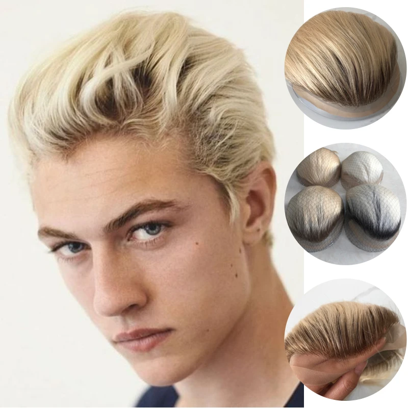 Top Trends: Human Hair Toupee For Men Thin Skin PU 8*10 Straight Hair Mens Wigs T4 / 613 Blonde Hair Replacement For Men Human Hair System Shoppable Styles