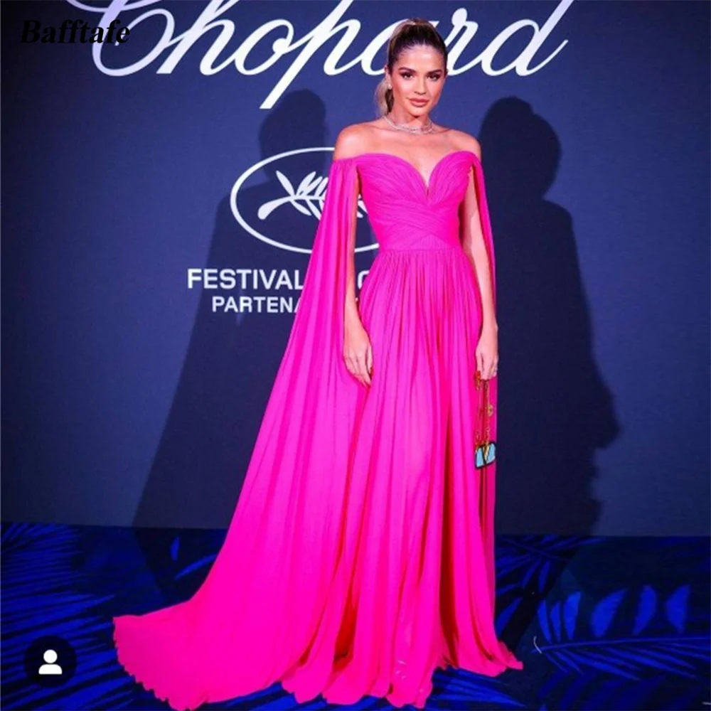 Top Trends: Bafftafe A Line Fuchsia Chiffon Prom Dresses Open Long Sleeves Women Celebrity Dress Off The Shoulder Formal Evening Party Gowns Shoppable Styles