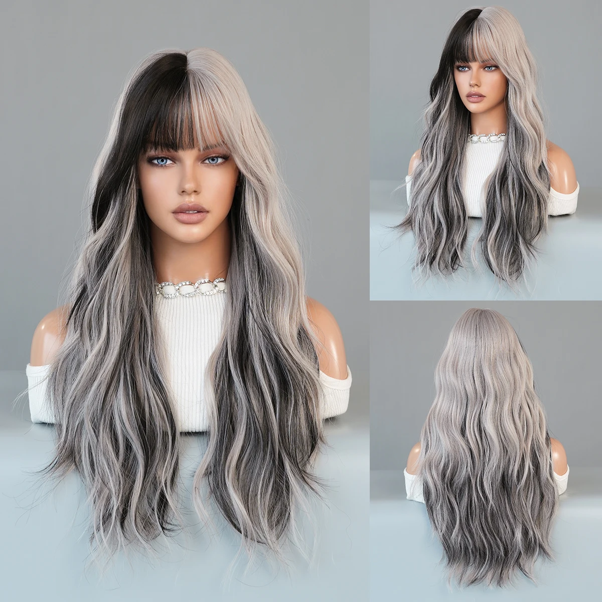 Top Trends: PARK YUN Long Body Wavy Silver Ash Hair Wig With Bangs For Women Daily Party High Density Hair Ombre Wigs Heat Resistant Fiber Shoppable Styles