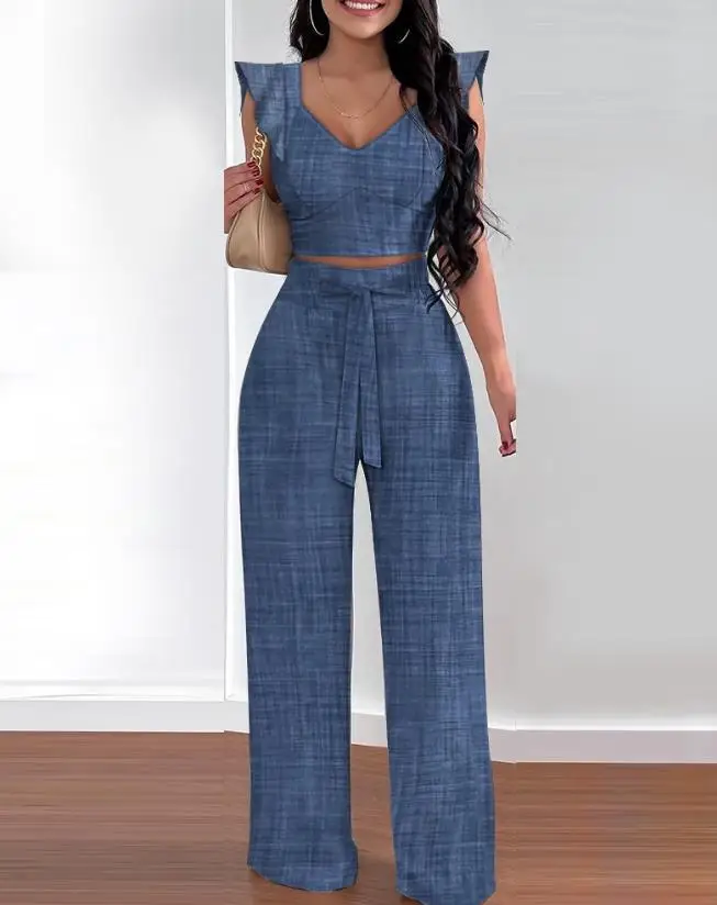 Top Trends: Two Piece Sets Womens Outifits 2023 Spring Fashion Shirred V-Neck Sleeveless Crop Top & Casual Pocket Design Wide Leg Pants Set Shoppable Styles - Image 2