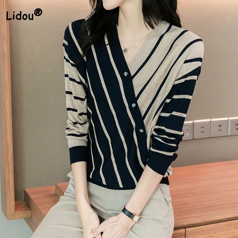 Top Trends: Korean All-match V-Neck Striped Sweaters For Female Autumn Winter Fashion Commute Button Spliced Long Sleeve Knitted Pullovers Shoppable Styles