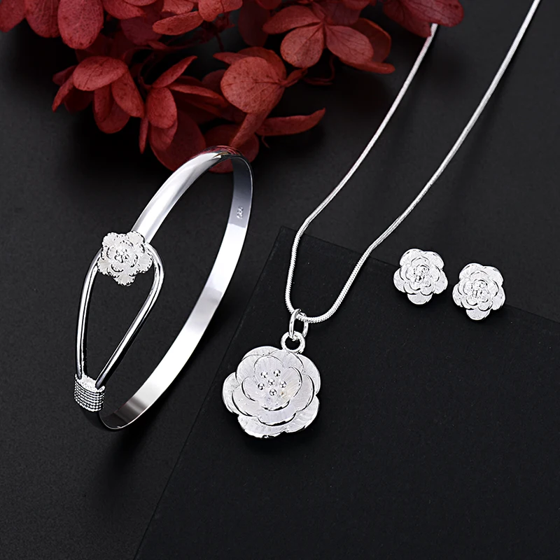 Top Trends: Fine 925 Sterling Silver Charm Flower Necklace Earring Bangle Jewelry For Women Retro Set Wedding Gift TRENDY Lovely Shoppable Styles