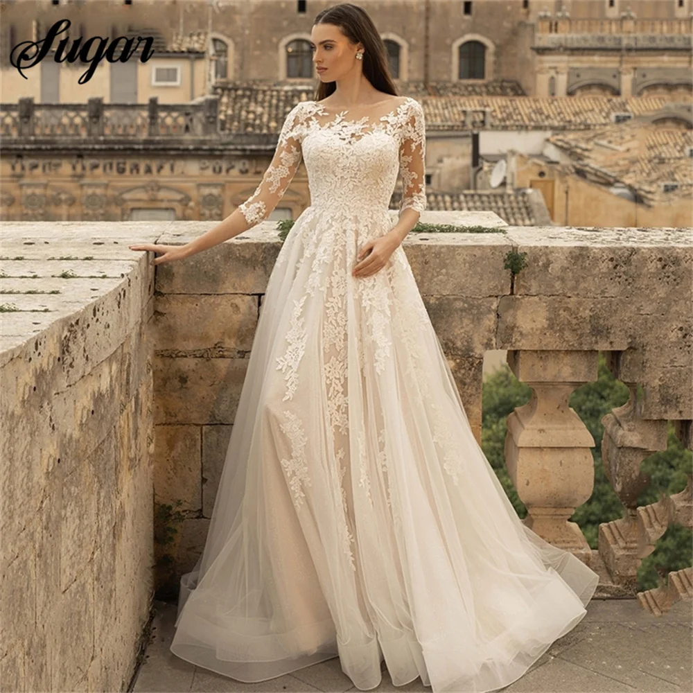 Top Trends: Vintage Wedding Dress Sheer Neck 3 / 4 Lace Sleeves Vestidos De Noiva Tulle Appliques Lace Sweep Train Boho Bride Gowns 2023 Shoppable Styles