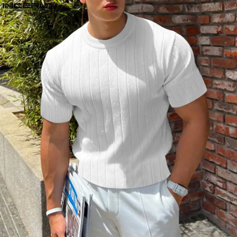 Top Trends: Handsome Well Fitting Tops INCERUN New Men Knitted O-Neck Well Fitting T-shirts Casual Fashion Solid Short Sleeve Camiseta S-5XL Shoppable Styles