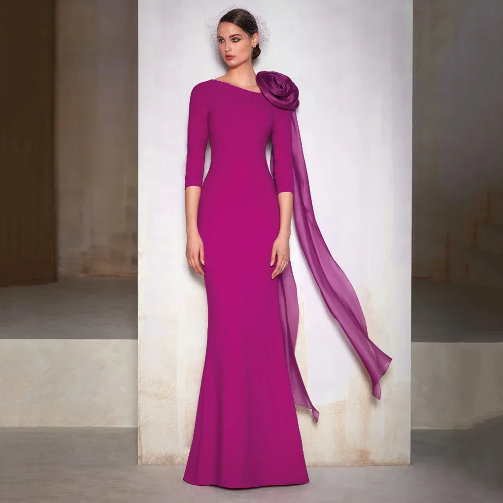 Top Trends: Elegant 3 / 4 Sleeves Mother's Of The Bride Dress With Flower Lower Back Plus Size Wedding Guest Gown Long Fuchsia Evening Shoppable Styles