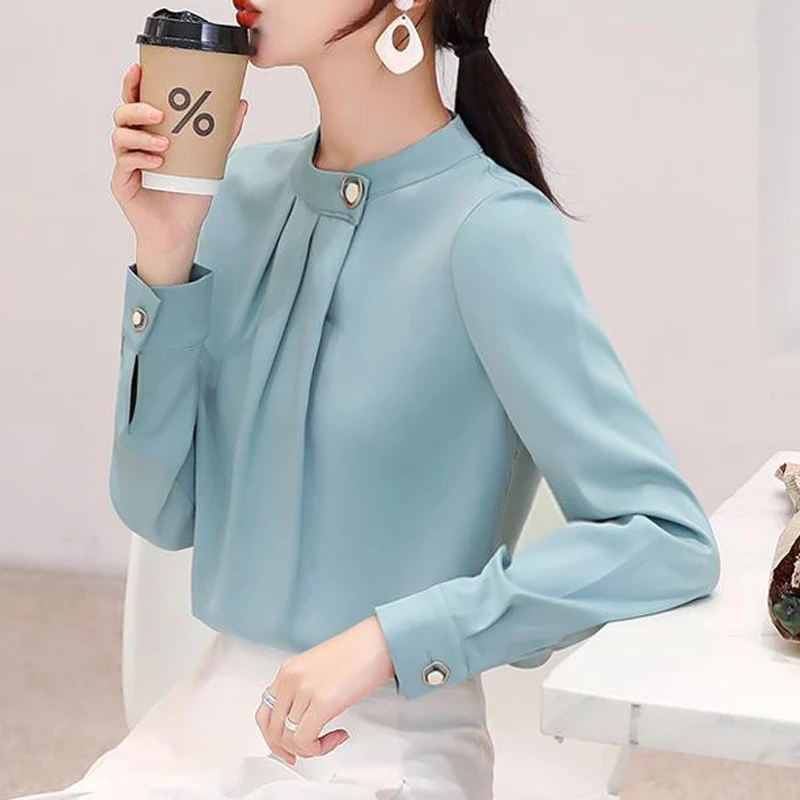 Top Trends: Ruffled Elegant Chic Stand Collar Office Lady Shirt New Korean Fashion Solid Long Sleeve Business Casual Top Blouse Women Blusas Shoppable Styles