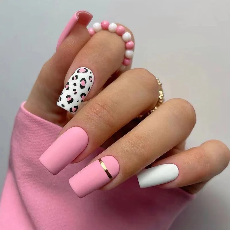 Top Trends: 24Ps / Set Square Head Coffin Wearing False Nails Art Pink Matte French Fake Nails Leopard Artificial Acrylic White Press On Nails Shoppable Styles