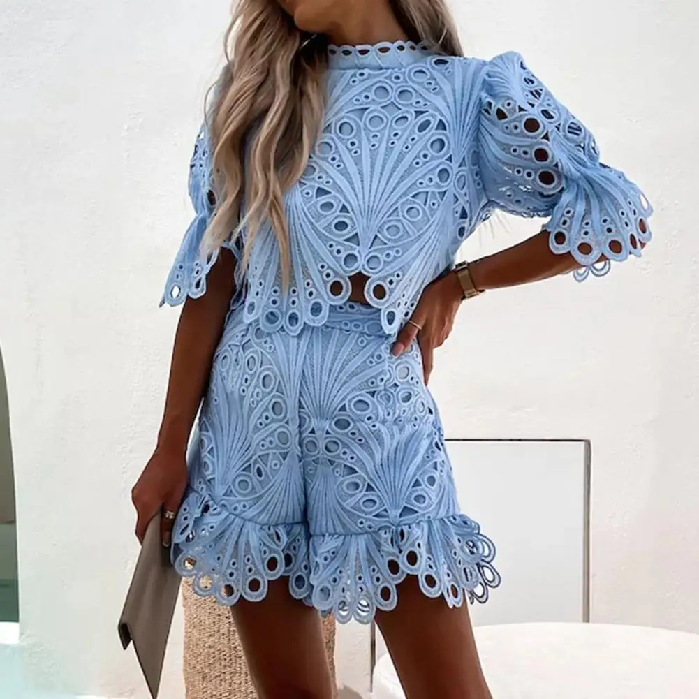 Top Trends: Women Outfit Solid Color Laciness Flare Sleeves Hollow Out Top Shorts Outfits Elegant Lace T-shirt Shorts Set Women's Clothing Shoppable Styles - Image 2