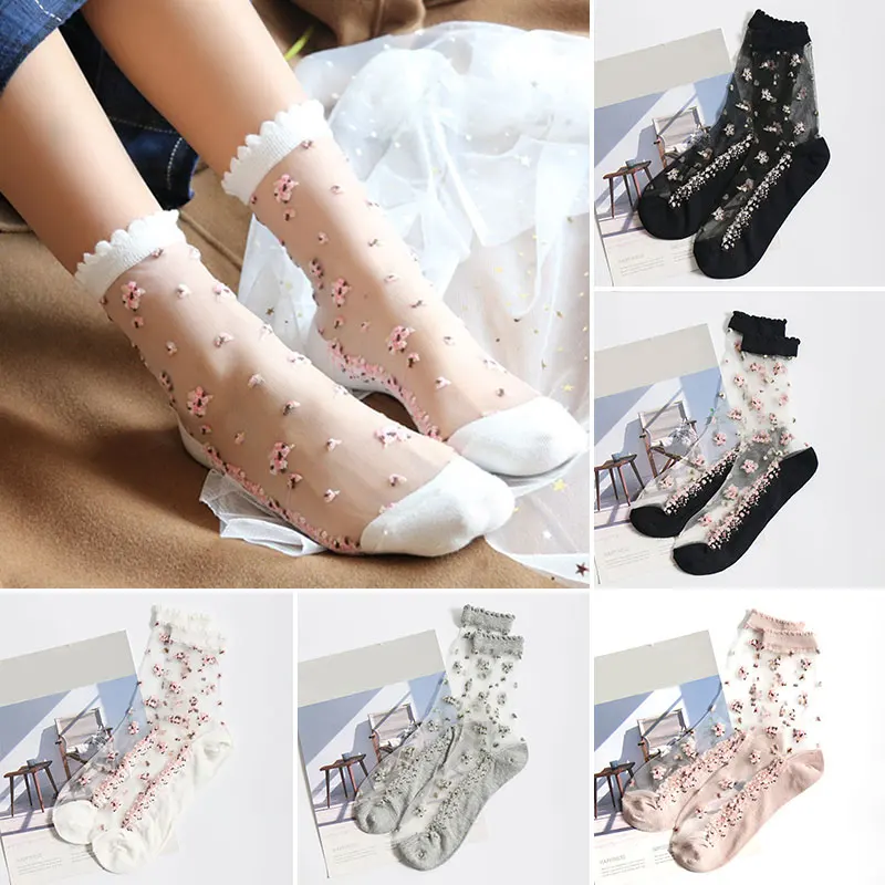 Top Trends: Mesh Floral Crystal Silk Socks Invisible Transparent Elastic Socks Female Hosiery Casual Breathable Streetwear Mid-tube Socks Shoppable Styles