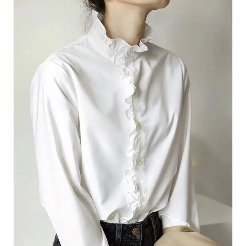 Top Trends: Commute Women's Solid Color Loose Ruffles Stand Collar Blouse Autumn Winter New Button Long Sleeve Fashion Fungus Bottom Shirt Shoppable Styles