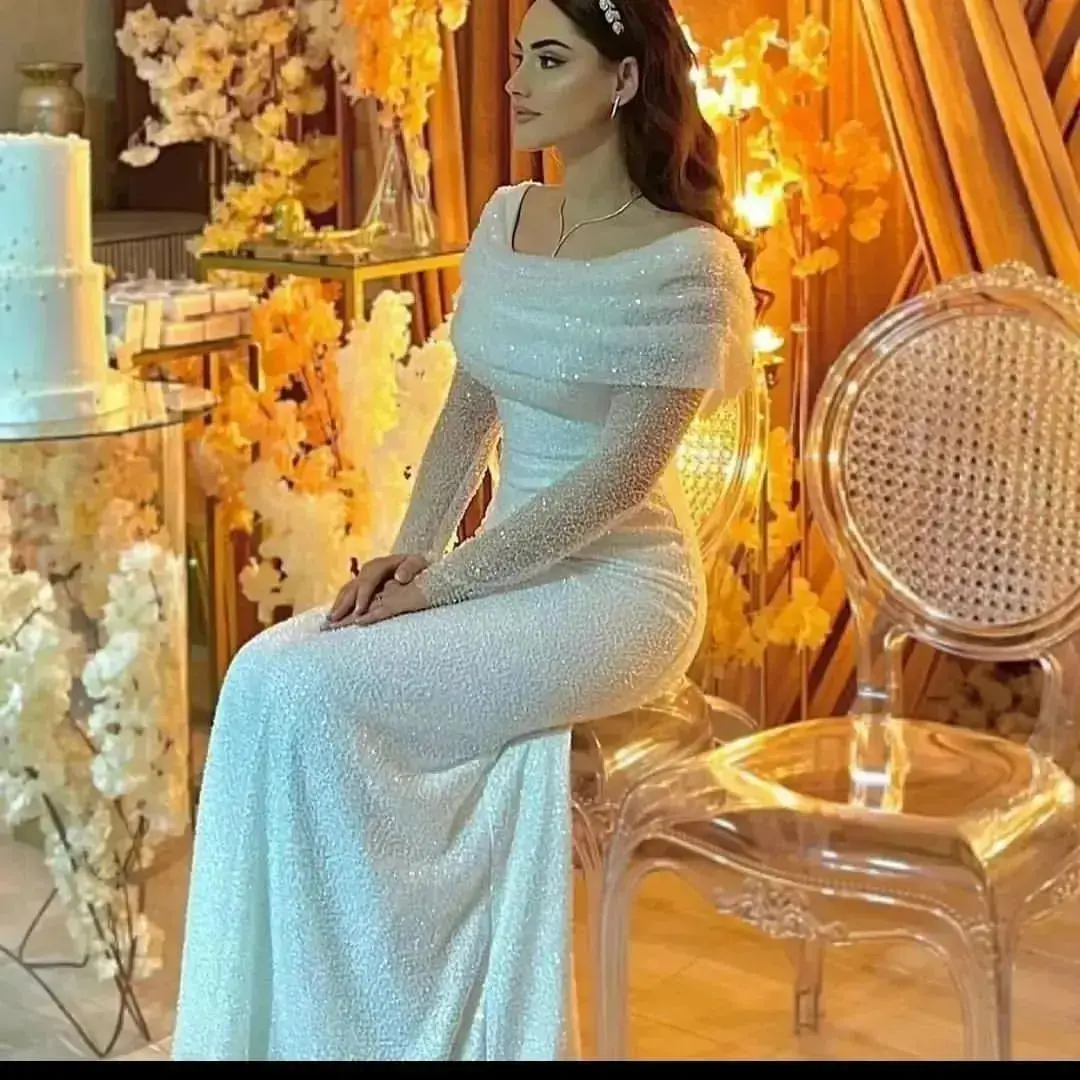 Top Trends: Mermaid White Sequins Long Sleeves Prom Dresses Floor Length Saudi Arabic Women Evening Gowns Wedding Party Dress Shoppable Styles