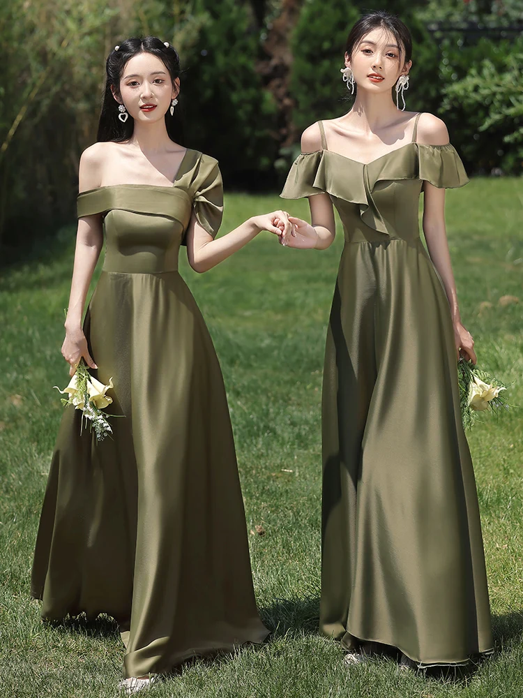 Top Trends: Simple Green Satin Bridesmaid Dress For Women Sex Off The Shoulder Slim A-Line Long Party Gown Summer New Ladies Prom Gown Shoppable Styles