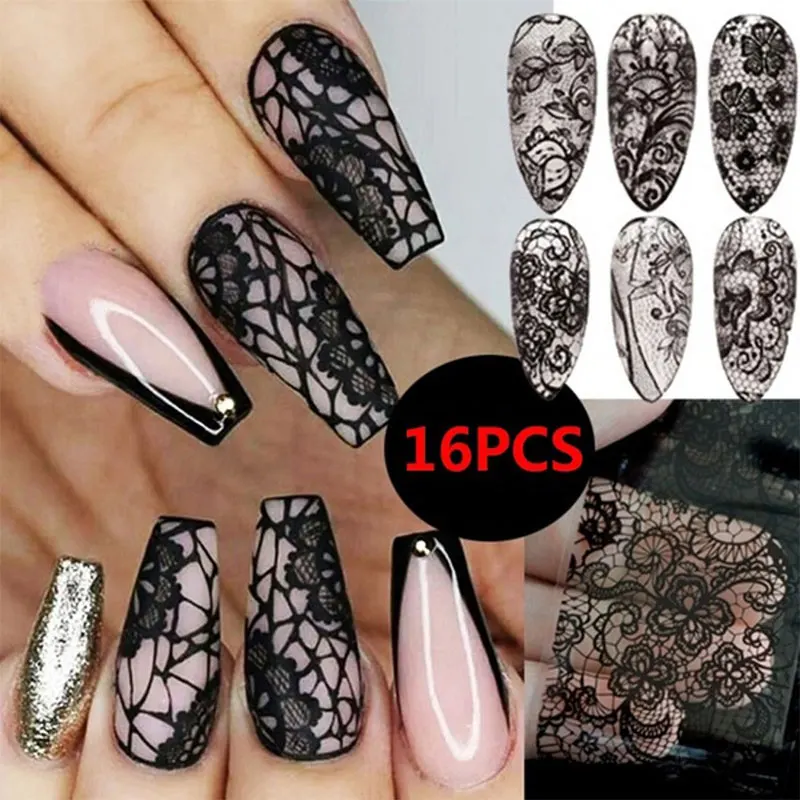 Top Trends: 16 Sheet Black Lace Flower Nails Sticker White Star Transfer Nail Foil Adhesive Manicure Nail Stickers Designer Art Decoration Shoppable Styles