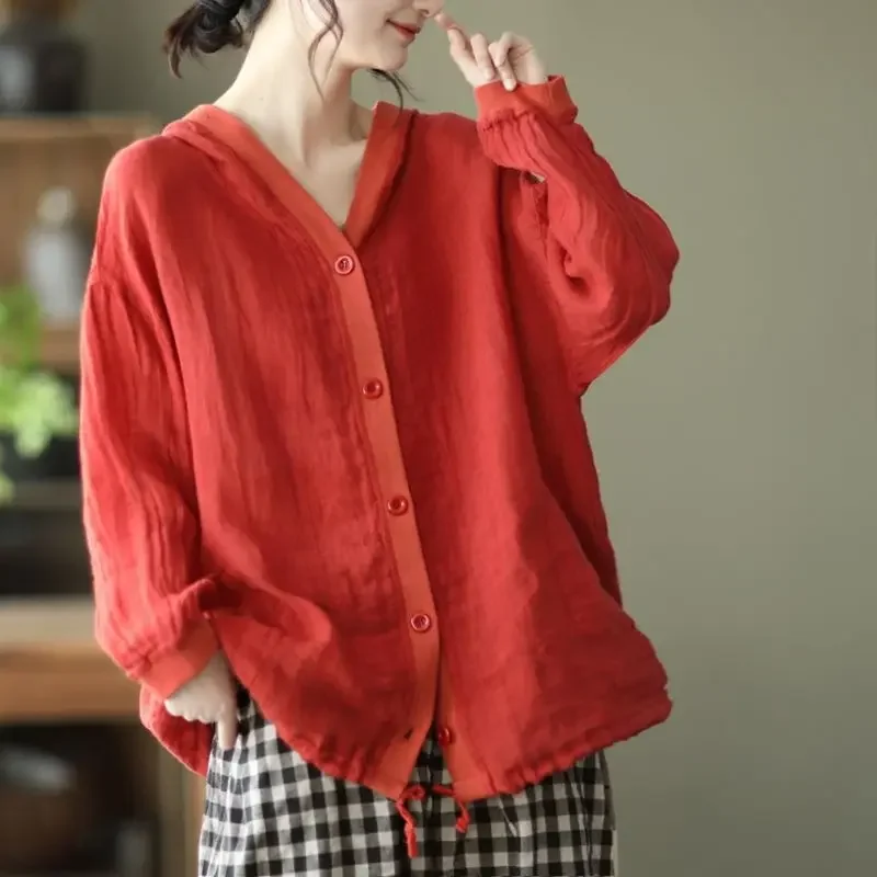 Top Trends: Jacket Spring And Summer Women's Clothing Cotton And Linen Hooded Coat Sun Shirt Linen Cardigan Thin Retro Korean Autumn Cloths Shoppable Styles