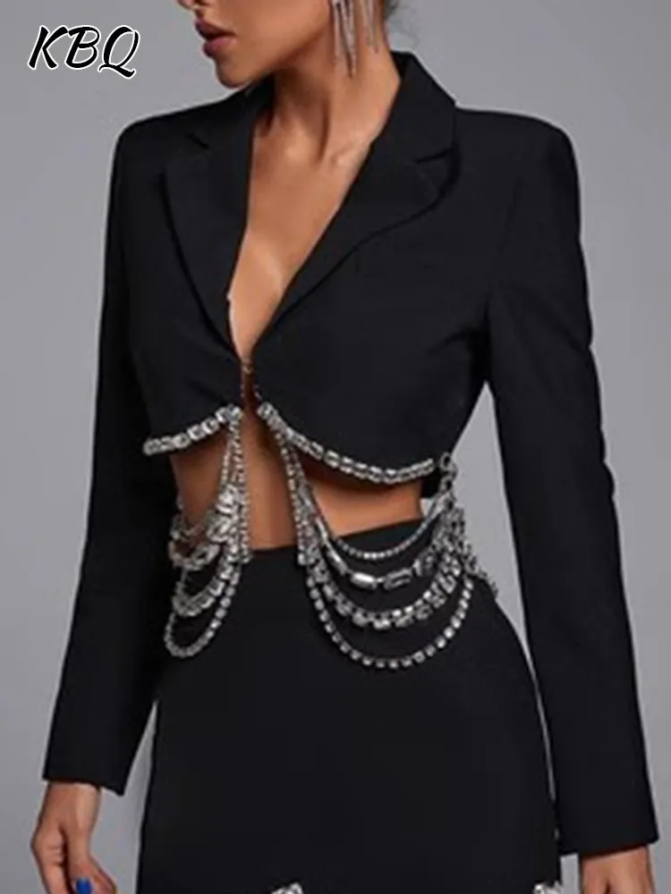 Top Trends: KBQ Elegant Spliced Diamonds Blazer For Women Notched Collar Long Sleeve Solid Slimming Luxury Crop Blazers Female Fashion New Shoppable Styles