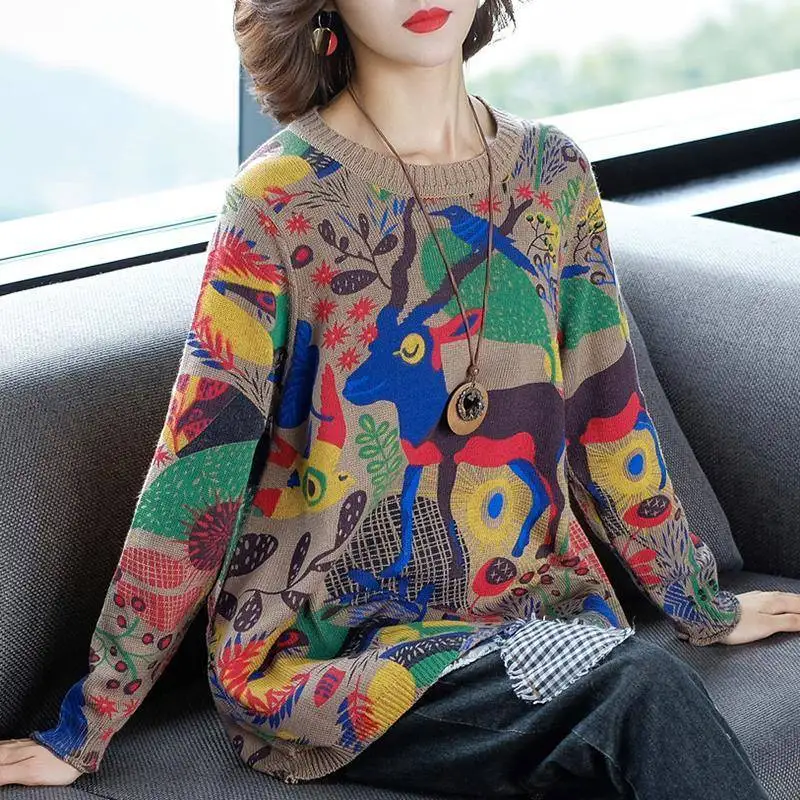 Top Trends: Vintage Printed O-Neck Loose All-match Sweaters Women's Clothing 2023 Autumn Winter Oversized Office Lady Pullovers Casual Tops Shoppable Styles - Image 4