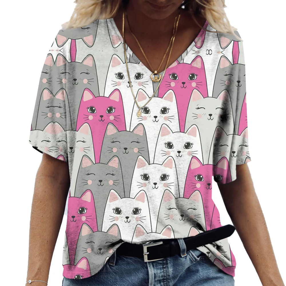 Top Trends: 2023 V-neck Women&#039;s T-shirt Cat Print High Quality Women&#039; Top Everyday Casual Clothing Funny Oversized-shirt Sports Short Sleeve Shoppable Styles