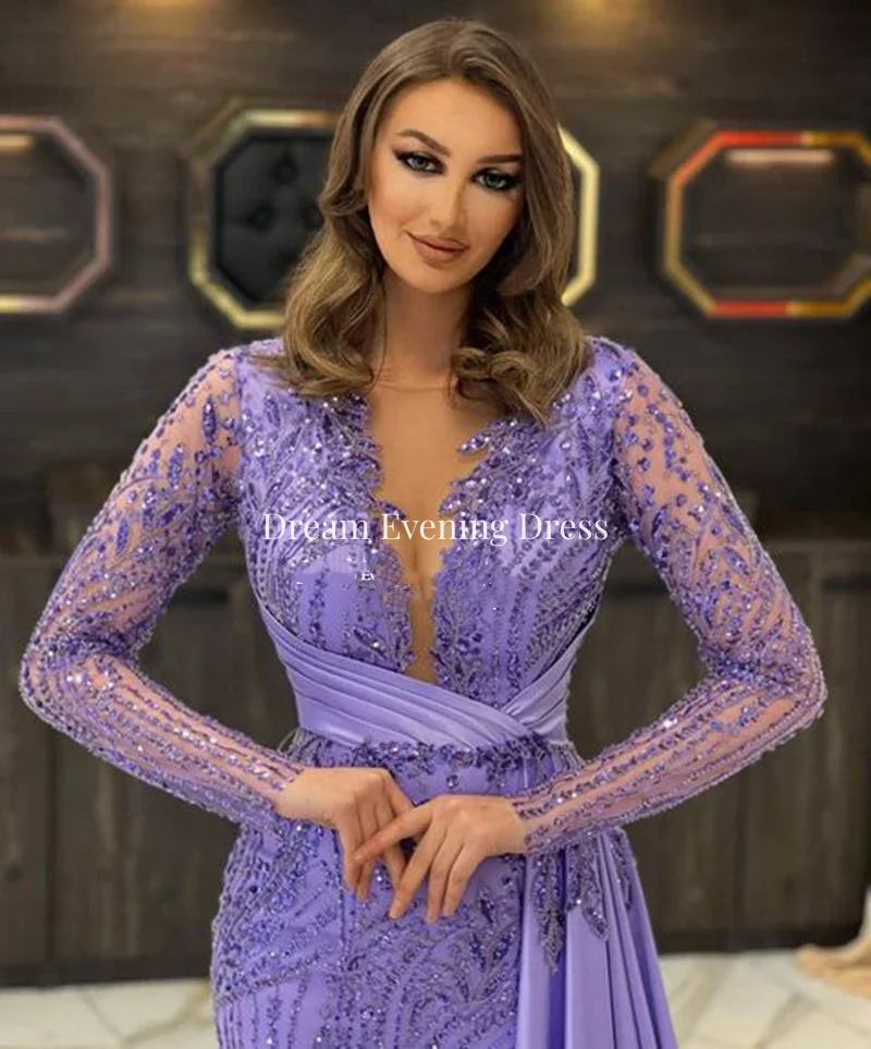 Top Trends: 2023 Luxury Sequins Beaded Dubai Purple Mermaid Prom Dresses Long Sleeve V-Neck Lace Formal Occasion Evening Dresses For Women Shoppable Styles - Image 2