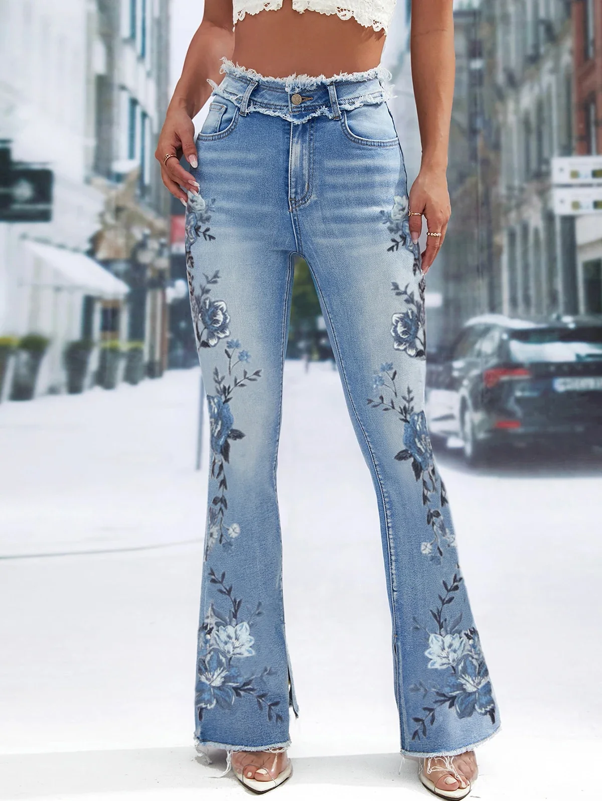 Top Trends: Fashion Vintage Floral High Waist Raw Trim Flared Denim Pants Women Spring Autumn Casual Loose Straight Leg Trousers Jean Pant Shoppable Styles