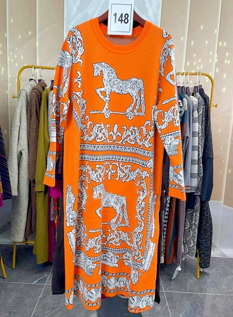 Top Trends: Horse Orange Luxury Brand Design Knitted Long Dress For Women 2023 Autumn Winter Vestidos Elegantes Evening Skirt Clothing Shoppable Styles