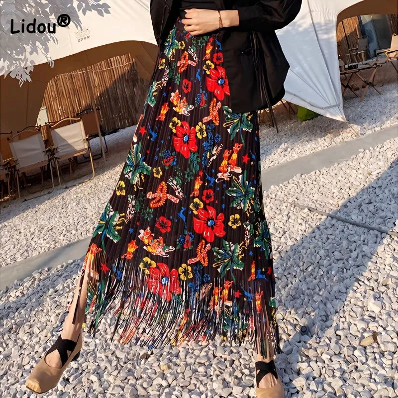 Top Trends: Temperament Lady Fashion Printed Tassel Pleated Skirt Korean Vintage Elastic High Waist Bag Hip Skirts Summer Women's Clothing Shoppable Styles