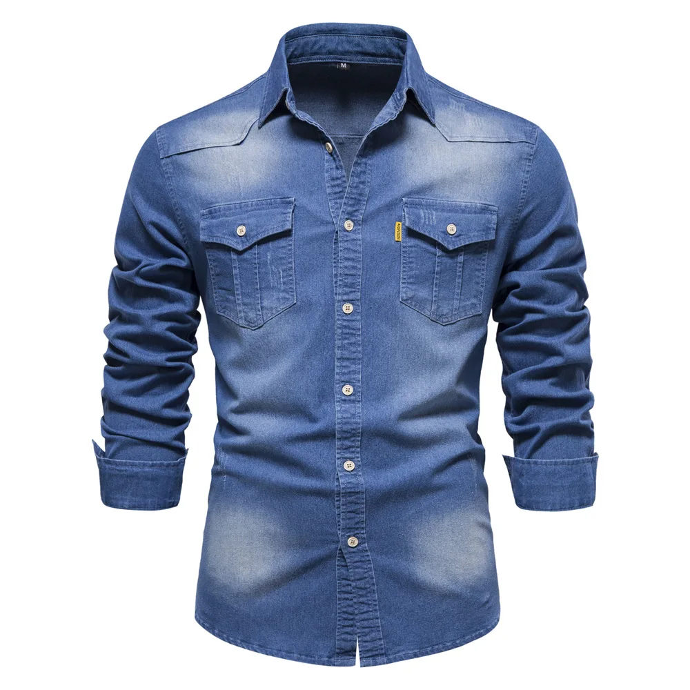 Top Trends: Fashion Autumn Cotton Denim Shirts Men Casual Long Sleeve Quality Cowboy Shirt Solid Color Slim Fit Elastic Jean Shirts For Men Shoppable Styles - Image 5