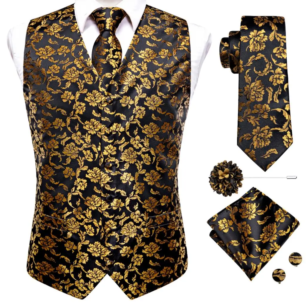 Top Trends: Hi-Tie Luxury Silk Mens Vests Black Gold Floral Jacquard Waistcoat Tie Hanky Cufflinks Brooch Set For Men Suit Wedding Office XL Shoppable Styles - Image 2