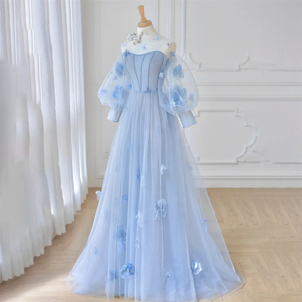 Top Trends: Lily Sky Blue Tulle Prom Dress Long Sleeve Party Dress A-Line Celebrity Gowns Wedding Party Dress With Applique вечерние платья Shoppable Styles